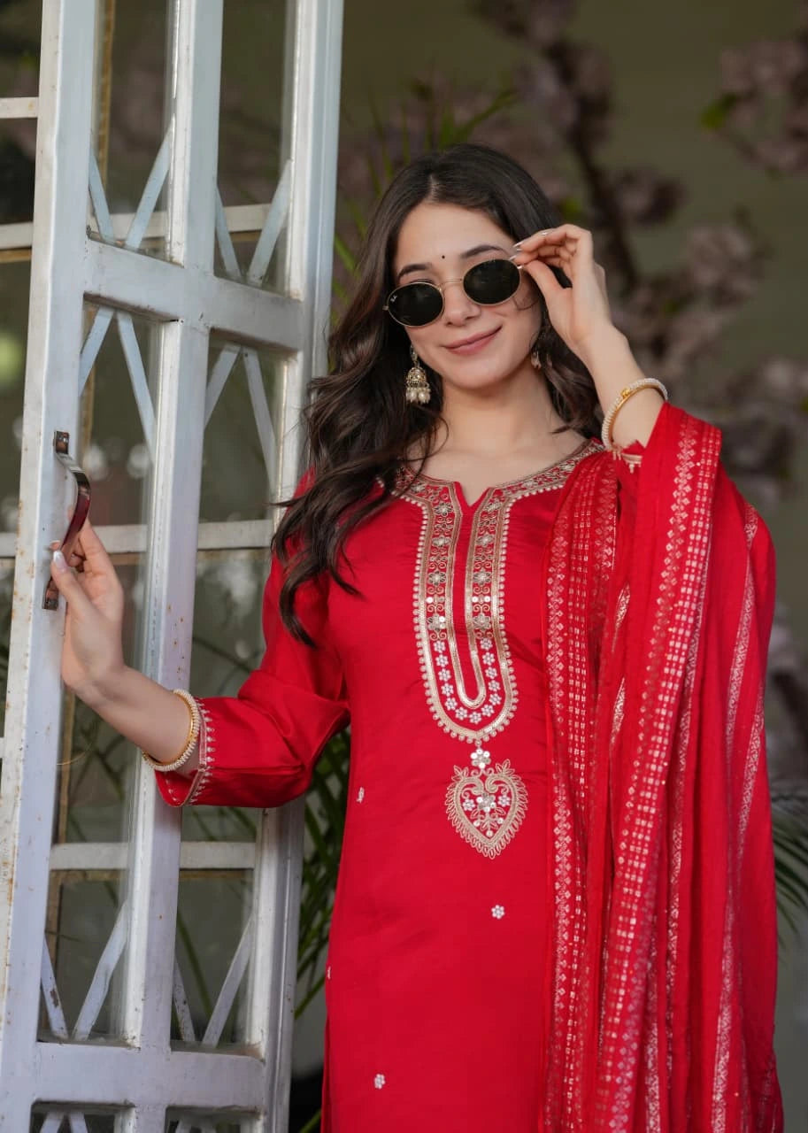 Red Heavy Chanderi Silk Kurti Kalyanja Fashion